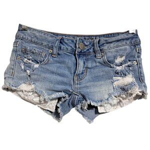 American Eagle Jean Shorts 00 Denim Super Low Shortie Distressed Stretch Destroy